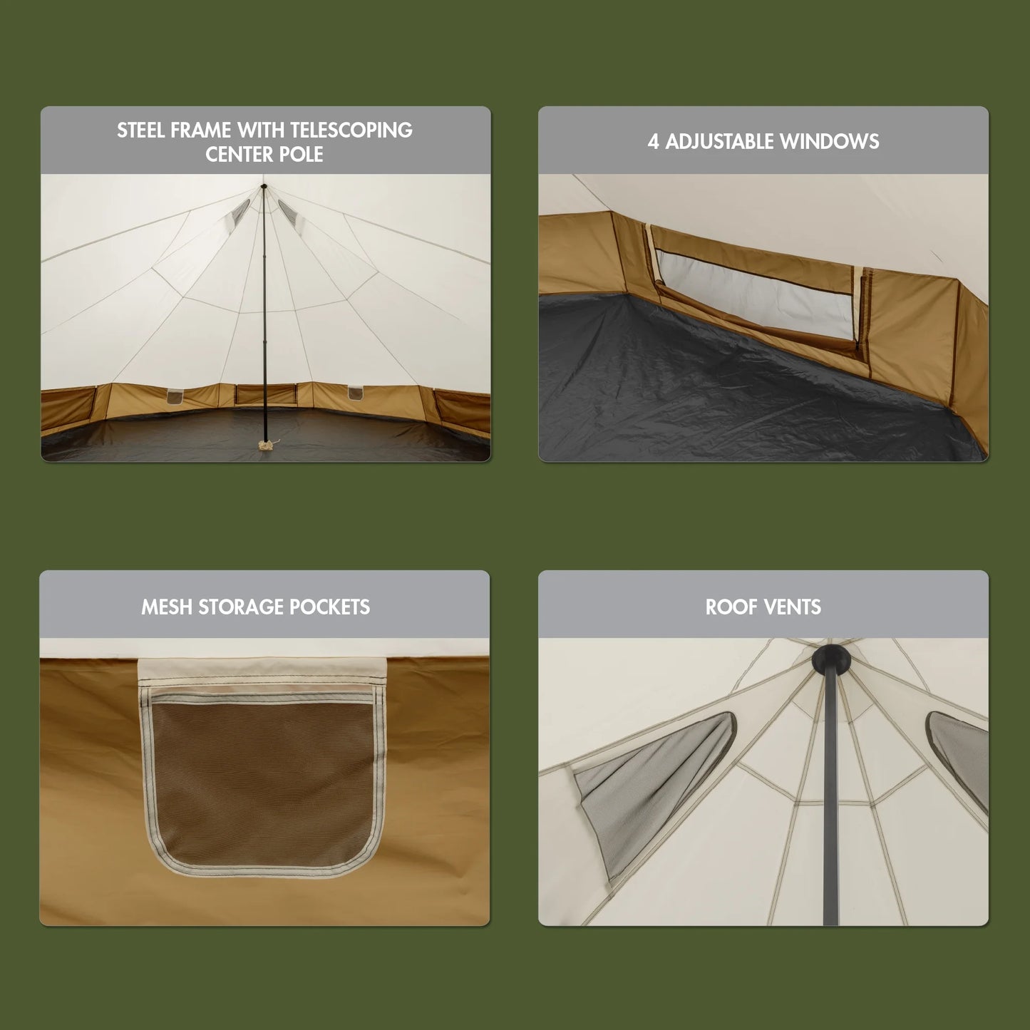 Tienda de campaña tipo Glamping Ozark Trail de 4,5 x 4,5 m para 8 personas con luces de cadena